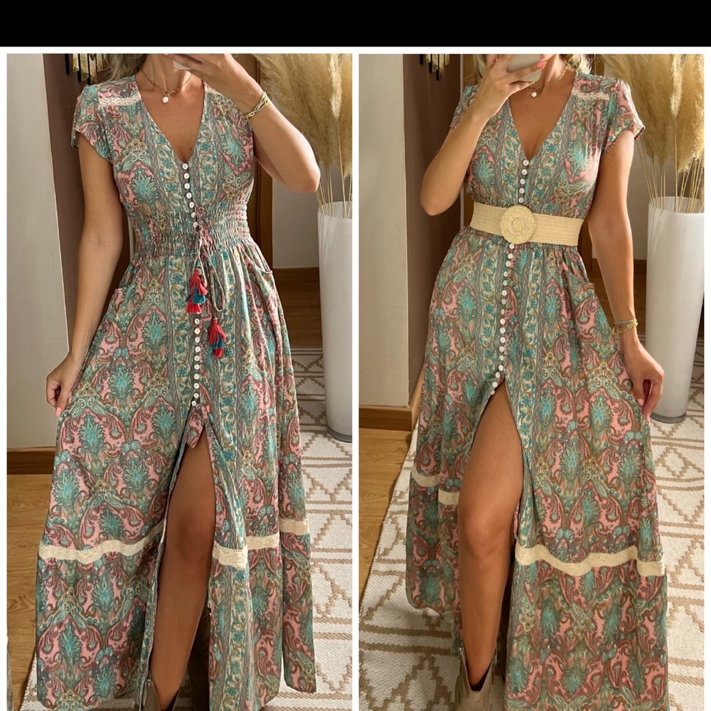 Front button up boho chic long dress